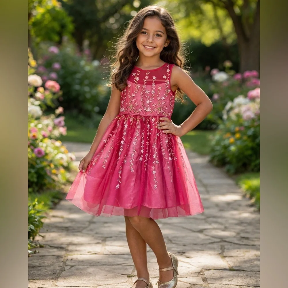 Joan Michelle embroidered Pink fashion party Dress for girls/size 5